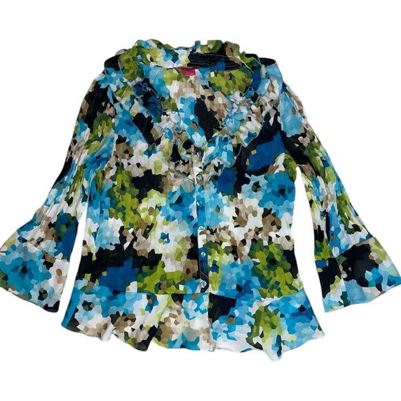 Sunny Leigh Blue and Green Floral Ruffle Neck Button Up Blouse - Picture 3 of 6